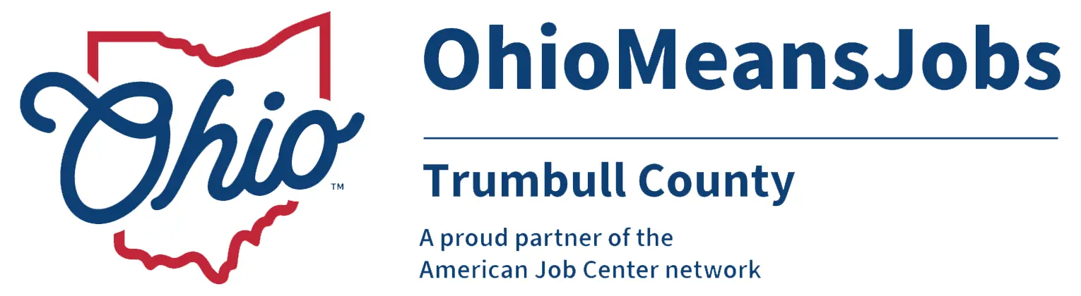 OhioMeansJobs Trumbull County logo featuring the outline of Ohio with the word 'Ohio' in script and 'OhioMeansJobs Trumbull County' text, a proud partner of the American Job Center network.