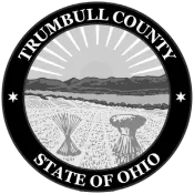 Trumbull County State of Ohio seal in black and white, featuring a sunrise over fields with a wheat bundle and sheaf